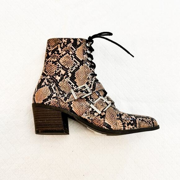 Express Snakeskin Patterned Faux Leather Double Buckle Combat Boot Size 8 - Picture 3 of 6